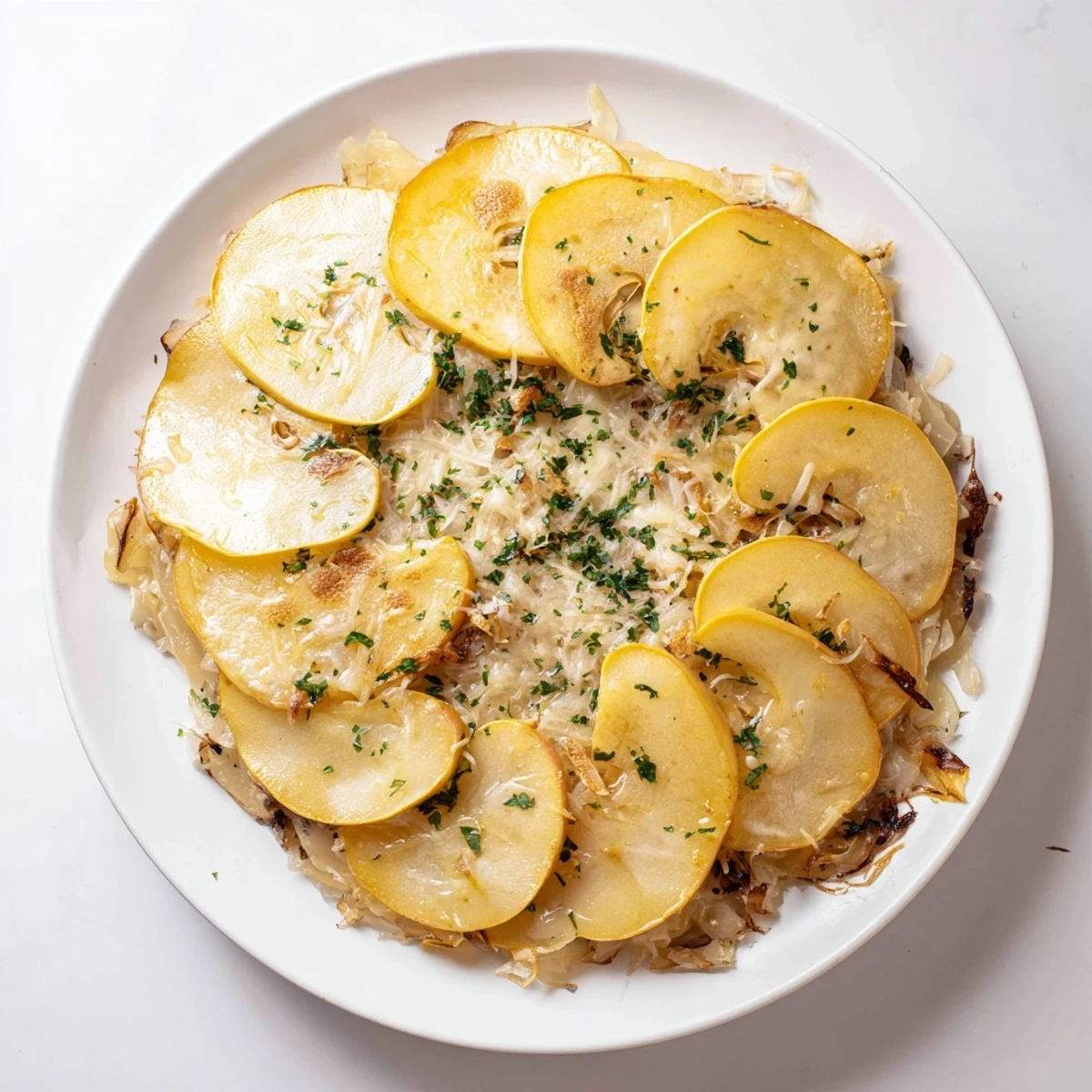 A close-up shot of the savory Sauerkraut Casserole, showcasing the sweet glaze on the apples.