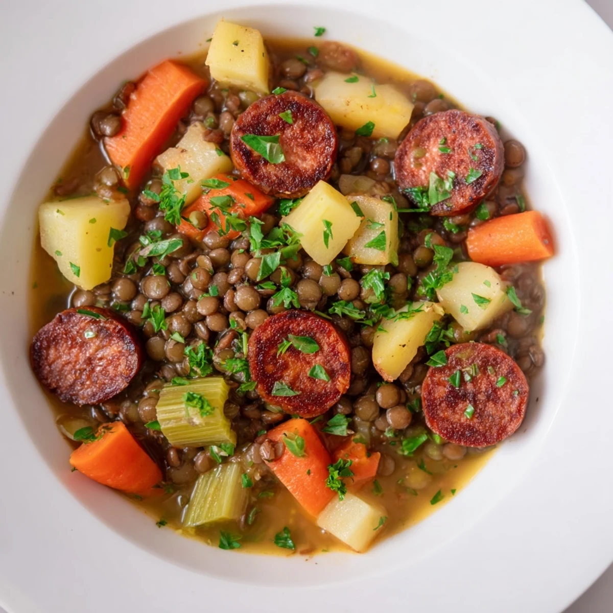 Steaming bowl of Instant Pot German Lentil Stew with chorizo, ready to be served hot.