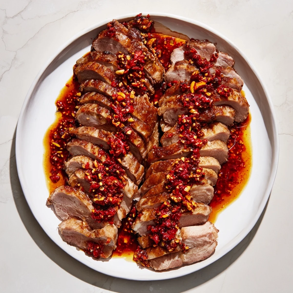 Tender Bavarian roast pork with crispy skin, drizzled with spicy chili-ginger sauce.