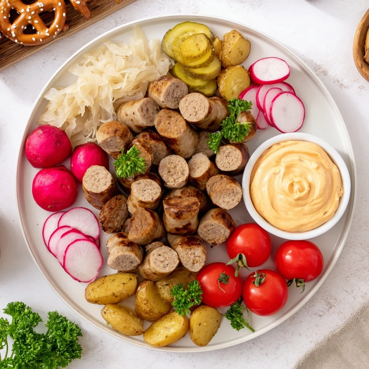 Delicious Vegan German Sausage Board with vibrant sides and spicy sriracha mayo.