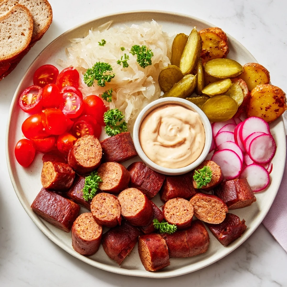 Savory Vegan German Sausage Board, perfect for sharing, with rich flavors and easy sriracha dip.