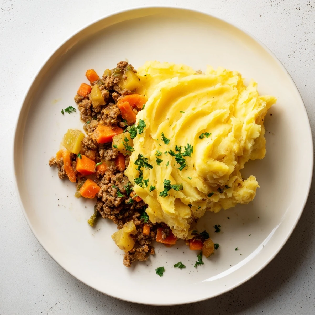 A close-up of a Rustic German Shepherd's Pie with Cheddar Mash, showing the cheesy topping.