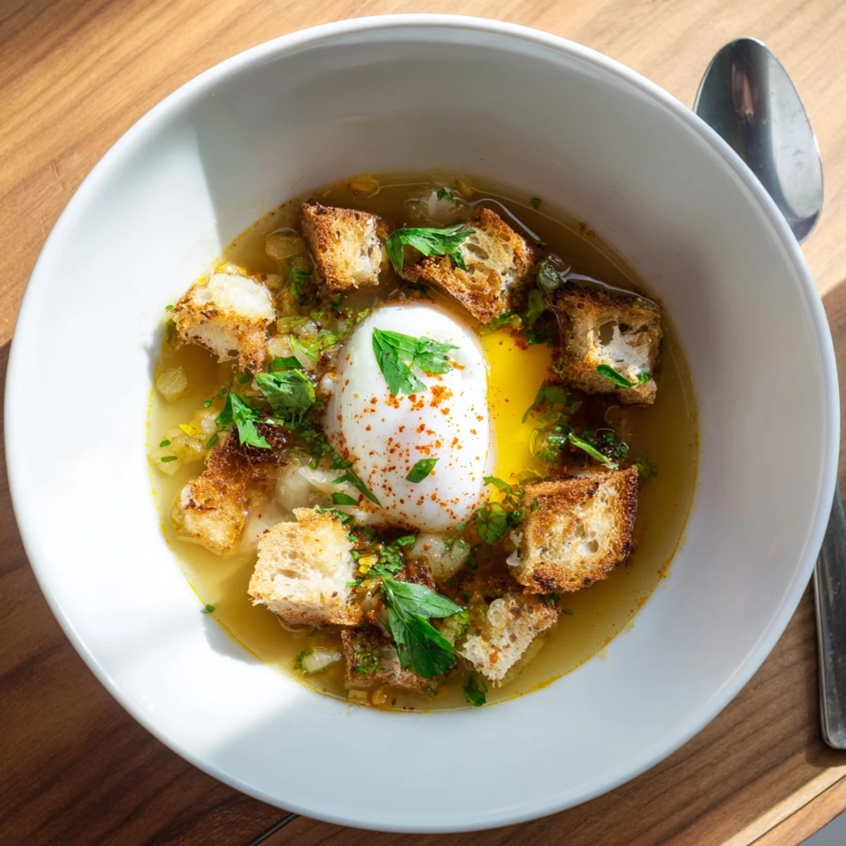 Close-up of creamy Castilian Garlic Soup, garnished with fresh parsley and a runny egg yolk.