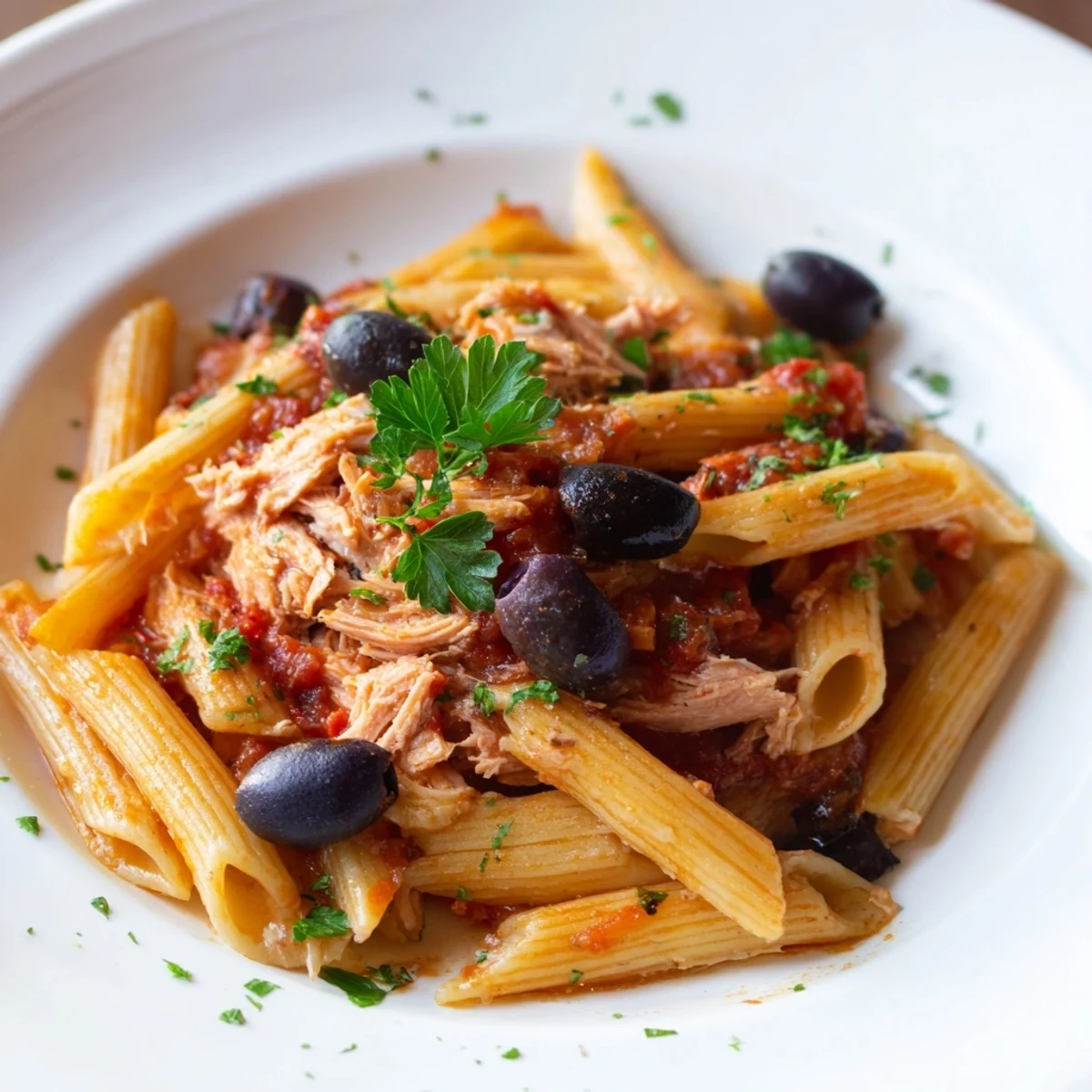 A steaming bowl of Pasta with Tuna, Tomato & Olives topped with fresh parsley, ready to eat.