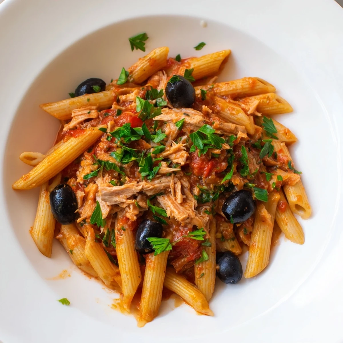 Close-up of golden Pasta with Tuna, Tomato & Olives, showcasing the flaky tuna and ripe tomatoes.