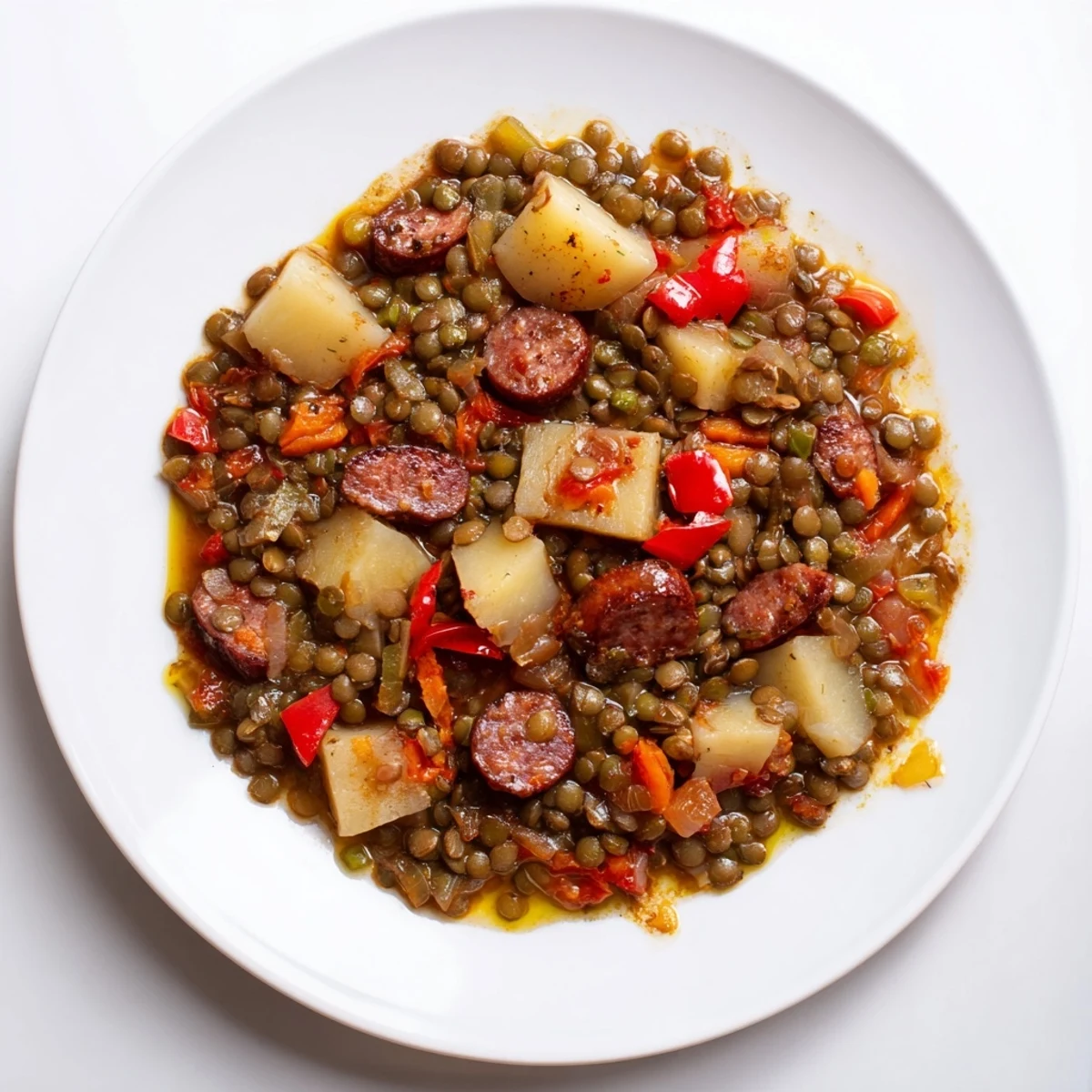 Este estofado de lentejas y chorizo ofrece sabores ahumados; un plato principal español para cenar.