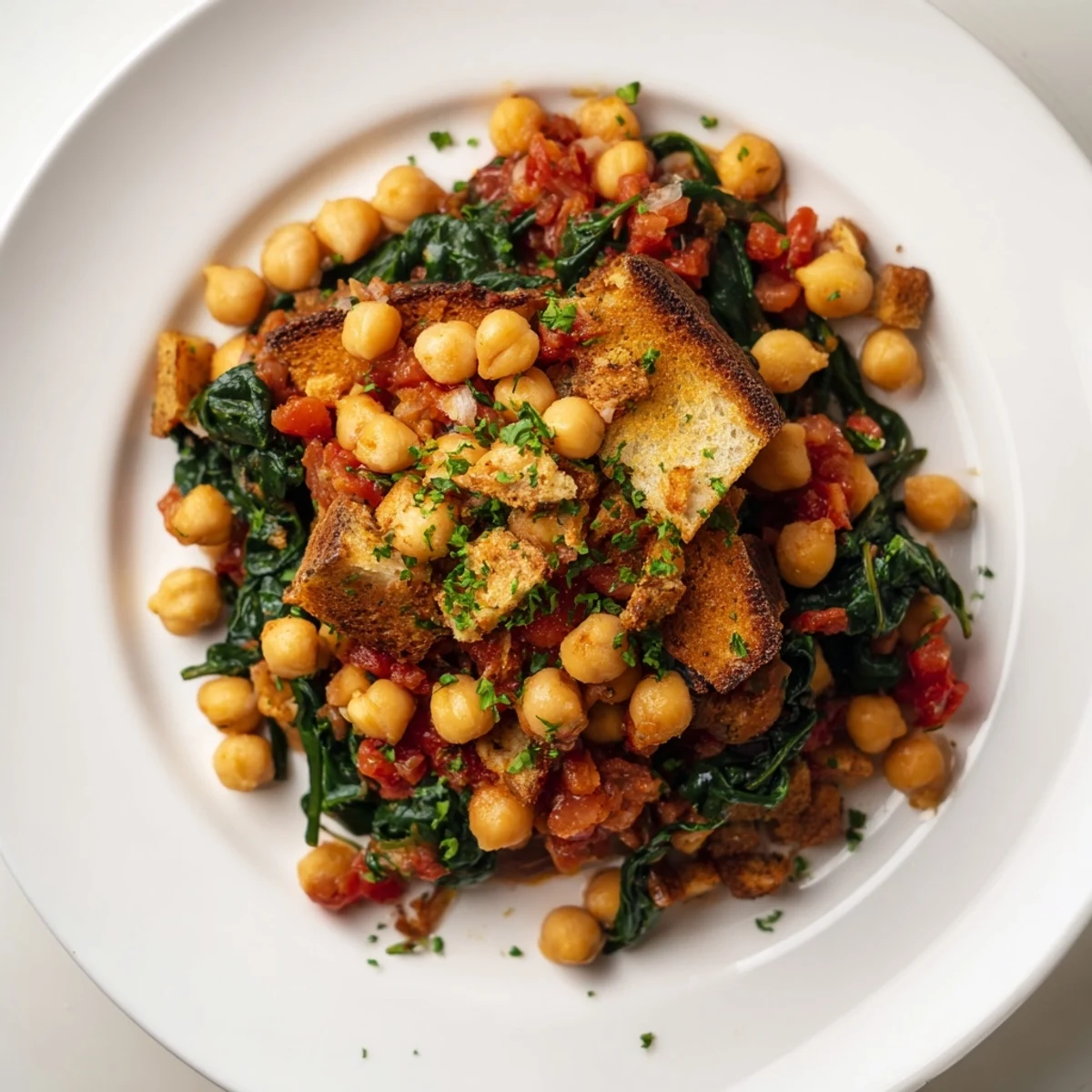 Espinacas con Garbanzos, a vibrant Spanish tapa, showcasing tender spinach over chickpeas in a rich tomato sauce.