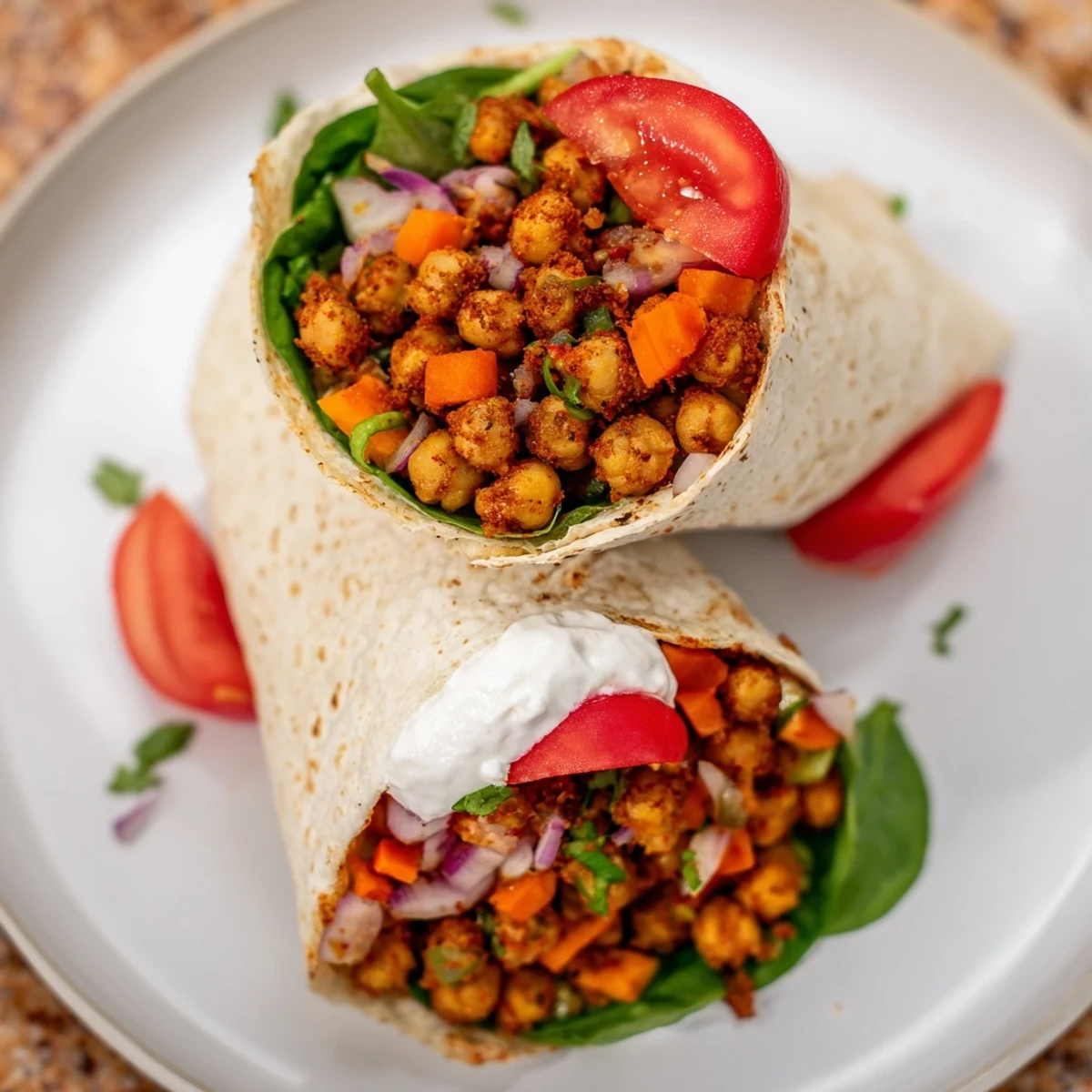 Savory chickpea & vegetable tortilla wrap, overflowing with colorful veggies and a creamy yogurt drizzle.