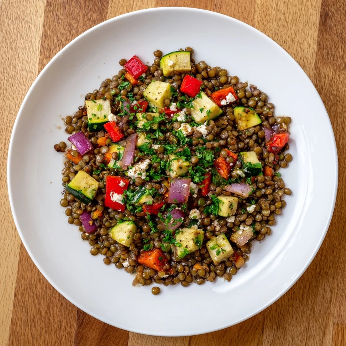 Warm Lentil and Vegetable Salad, a colorful medley of roasted vegetables and tender lentils, ready to serve.