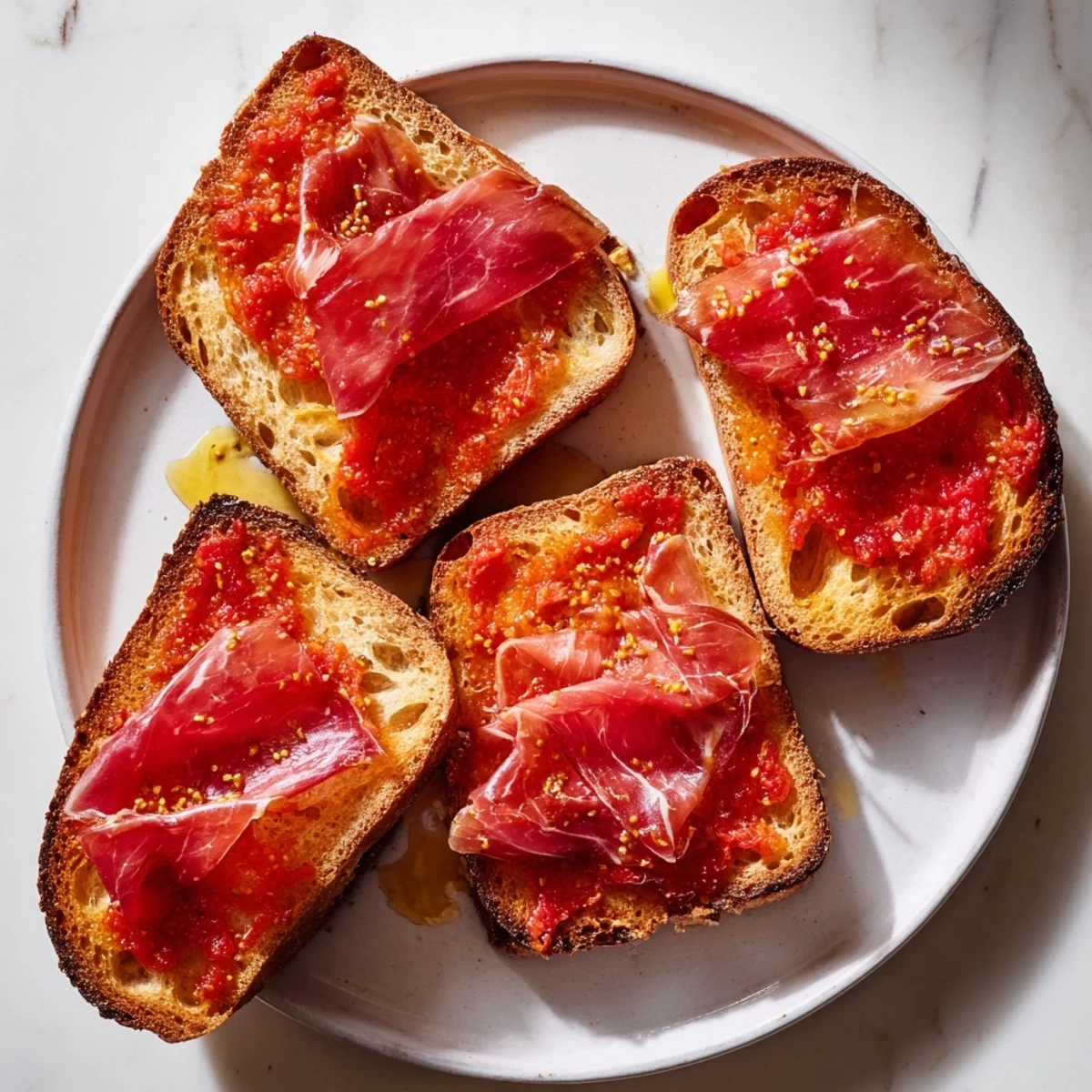 Close up of delicious pan con tomate; rustic bread, jamón, and flavorful olive oil.