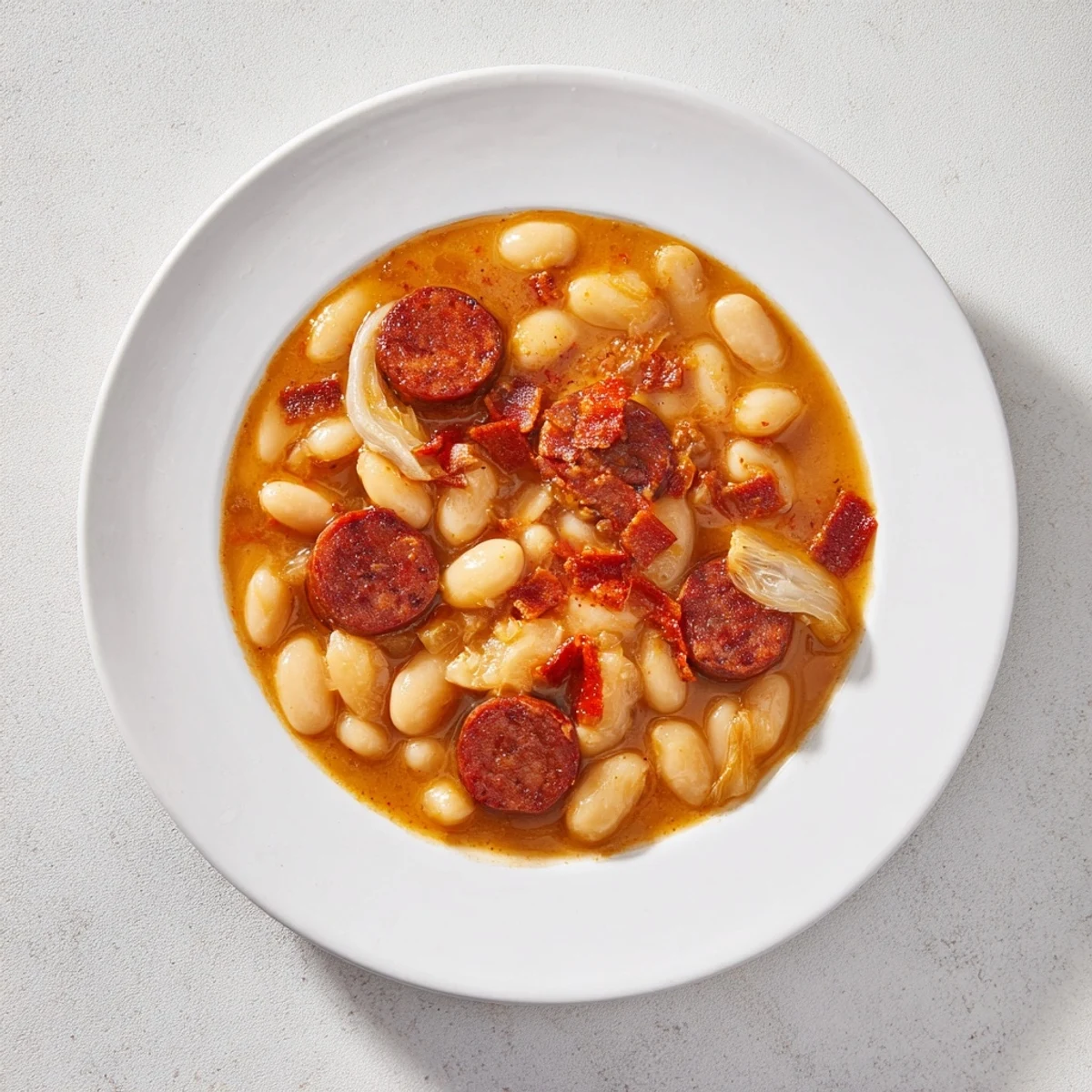 Close-up of a richly flavored Fabada Asturiana stew, perfect for a cozy Spanish dinner.