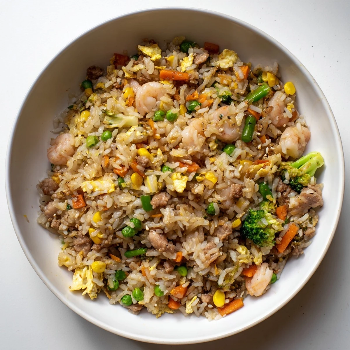 Golden-brown Leftover Fried Rice with vibrant veggies, ready to serve as a quick dinner.