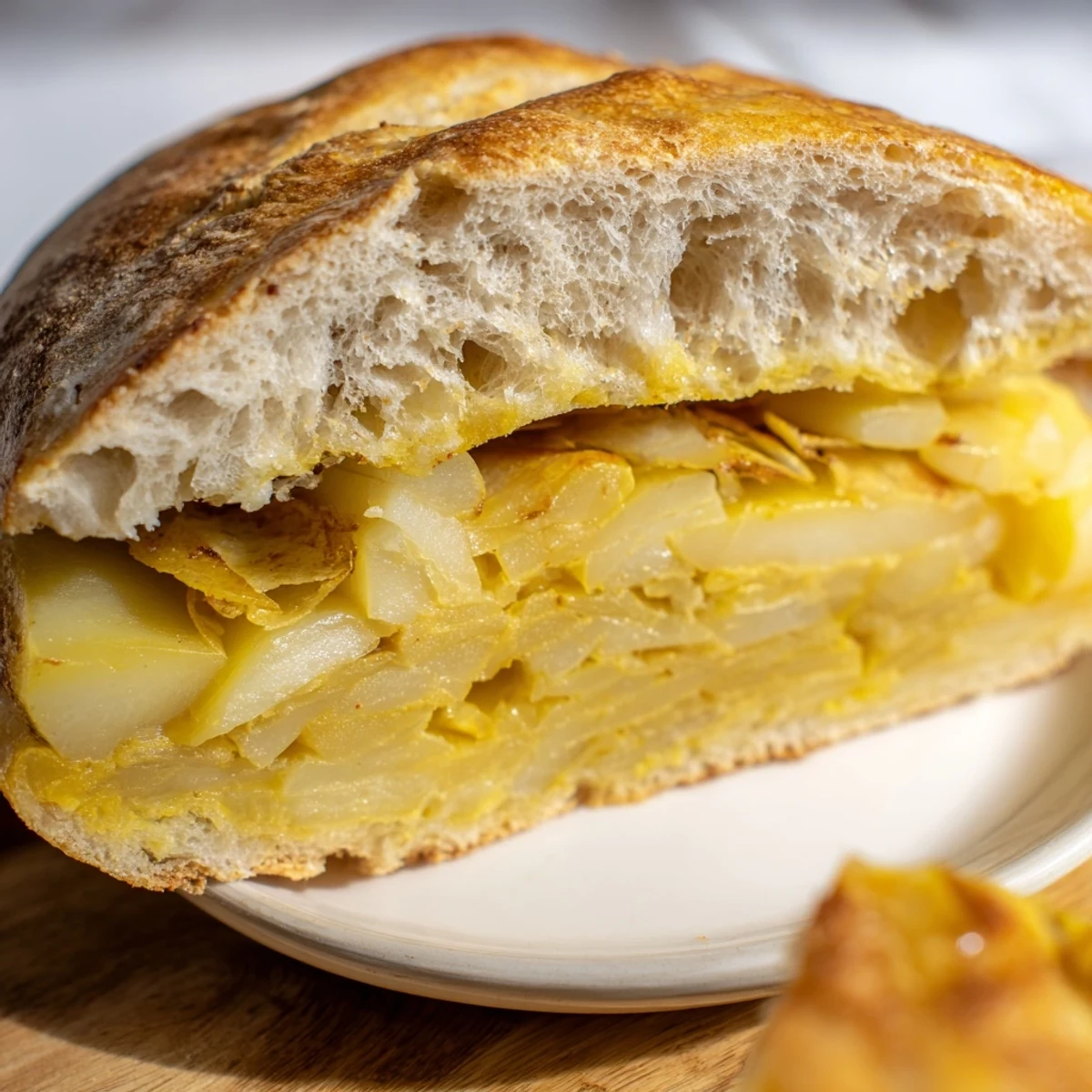 Close-up of a Spanish Bocadillo de Tortilla, showing the potato and onion filling inside.