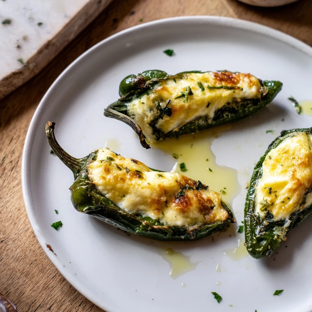 Stuffed Baked Padrón Pepper Bites, golden and bubbly, perfect for sharing as a Spanish appetizer.