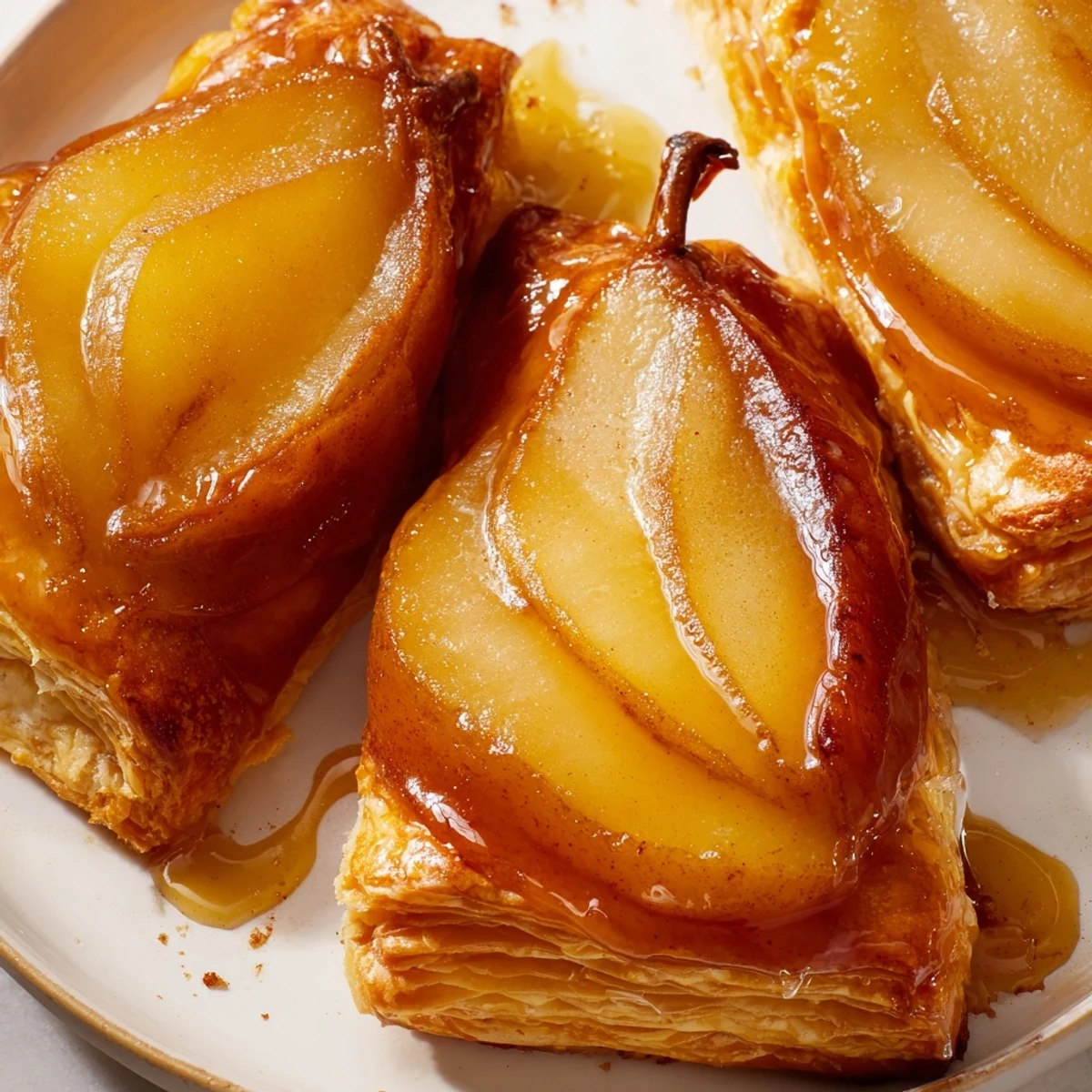 Golden-brown Pear Tarte Tatin with caramelized pears offering a beautiful, French dessert.