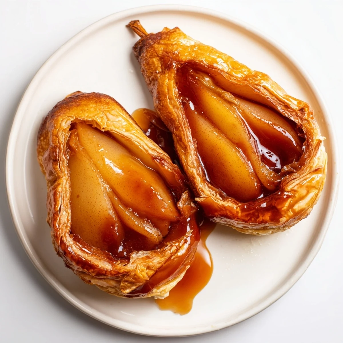 A close-up of a freshly made Pear Tarte Tatin, ready to be inverted and served warm.