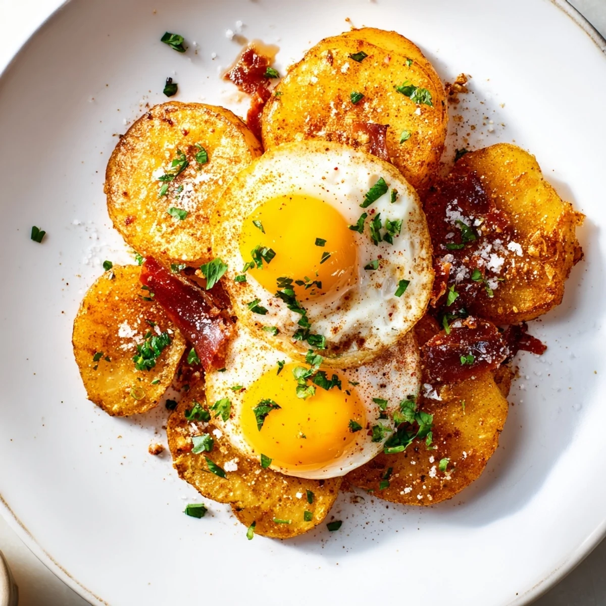 Golden, crispy potatoes topped with runny eggs and jamón: a delightful Huevos Rotos plate.