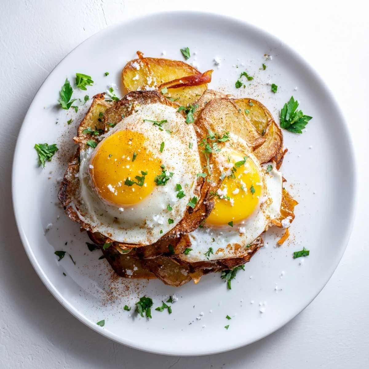 A close-up of Huevos Rotos: envision fried potatoes, glistening yolks, and savory ham.