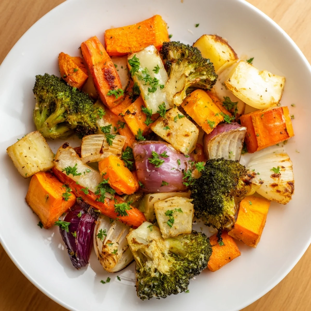 Close-up of oven-roasted winter vegetables, showing tender veggies topped with melted, browned cheese.