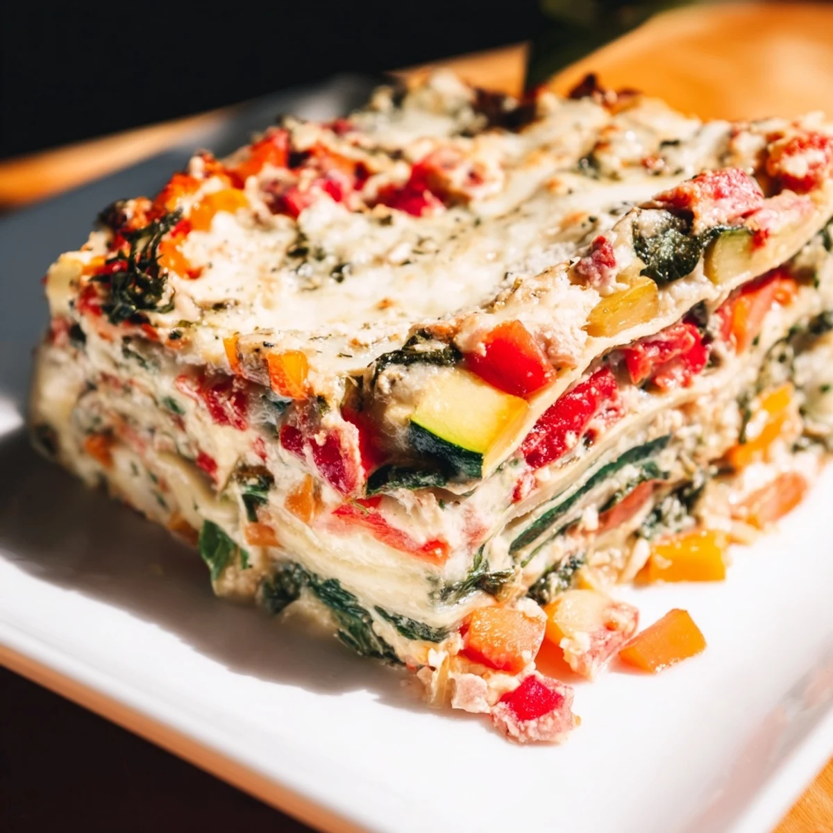 A bubbling, cheesy vegetable lasagna, showcasing layers of colorful, tender vegetables.