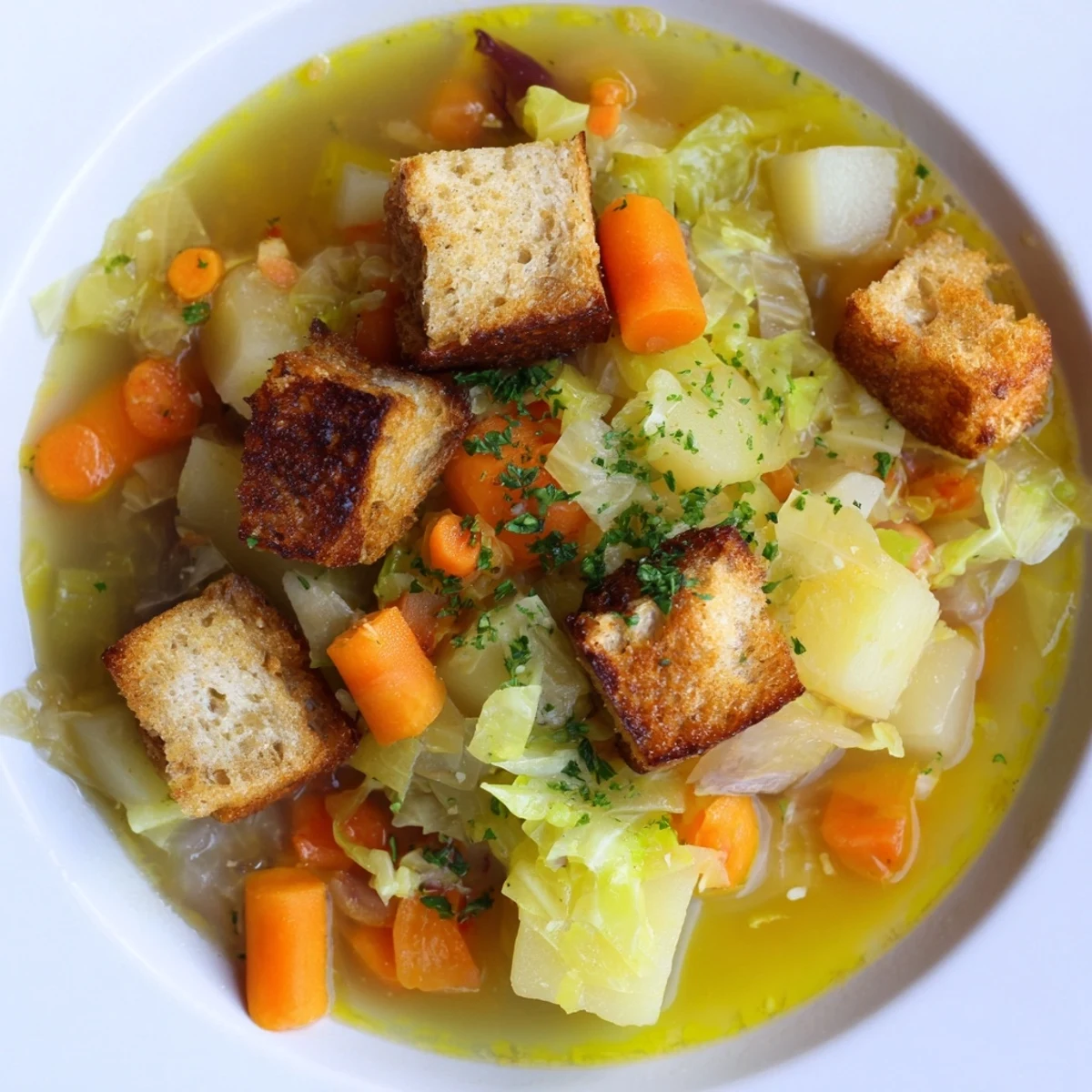 Close-up of a rustic Sopa Pobre de Invierno brimming with vegetables, perfect for a warming lunch.