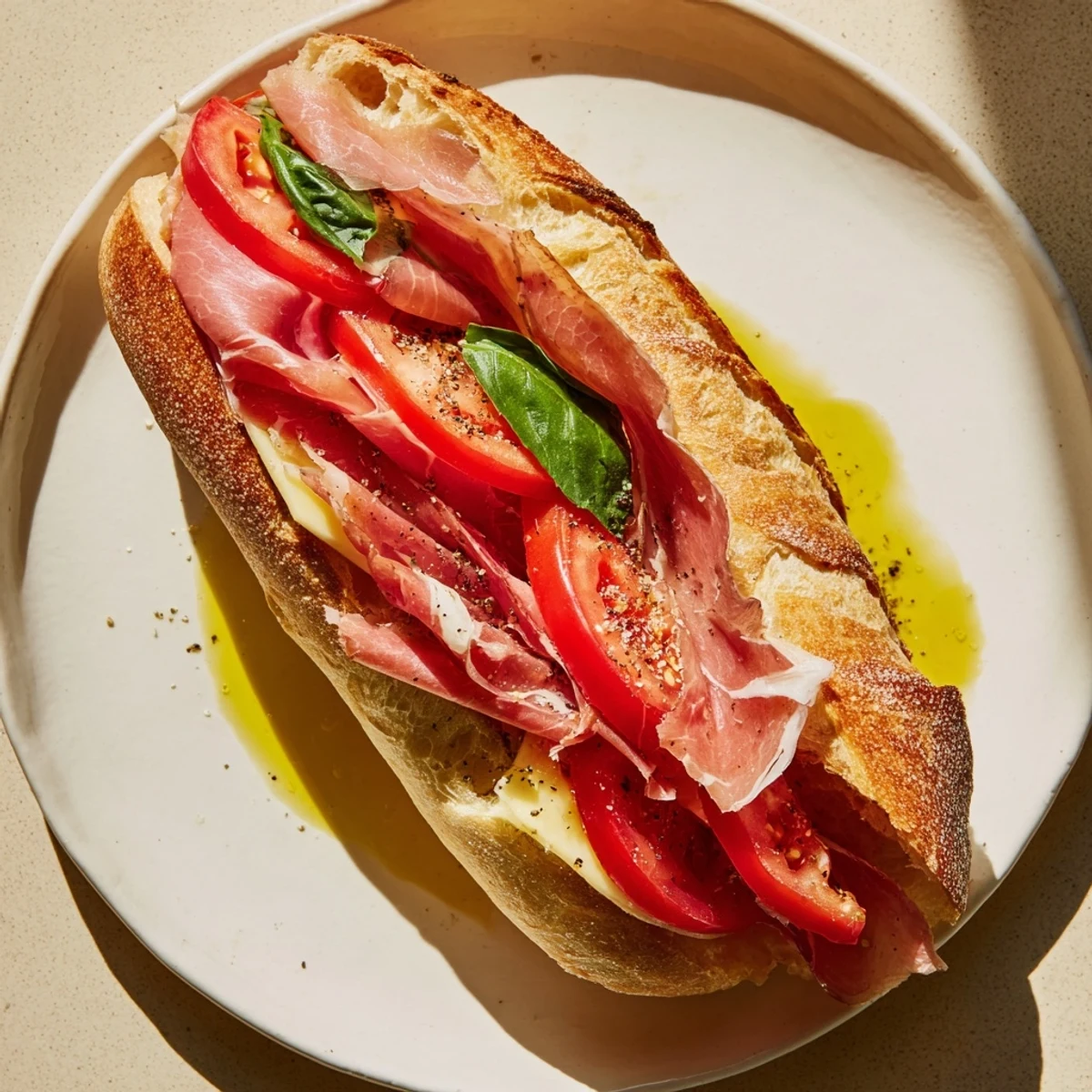 Crisp baguette overflowing with budget ham and juicy tomato for a flavorful Bocadillo sandwich.