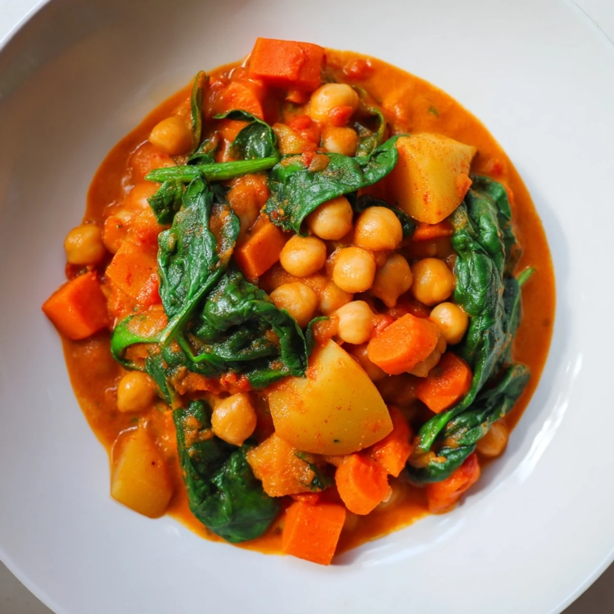 A close-up shot of the Creamy Garbanzos with Spinach Stew, ready to serve with crusty bread.