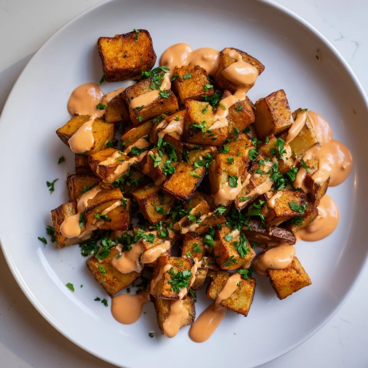 Close-up of flavorful Merkén-Spiced Patatas Bravas, showcasing the crispy potatoes and creamy sauce.