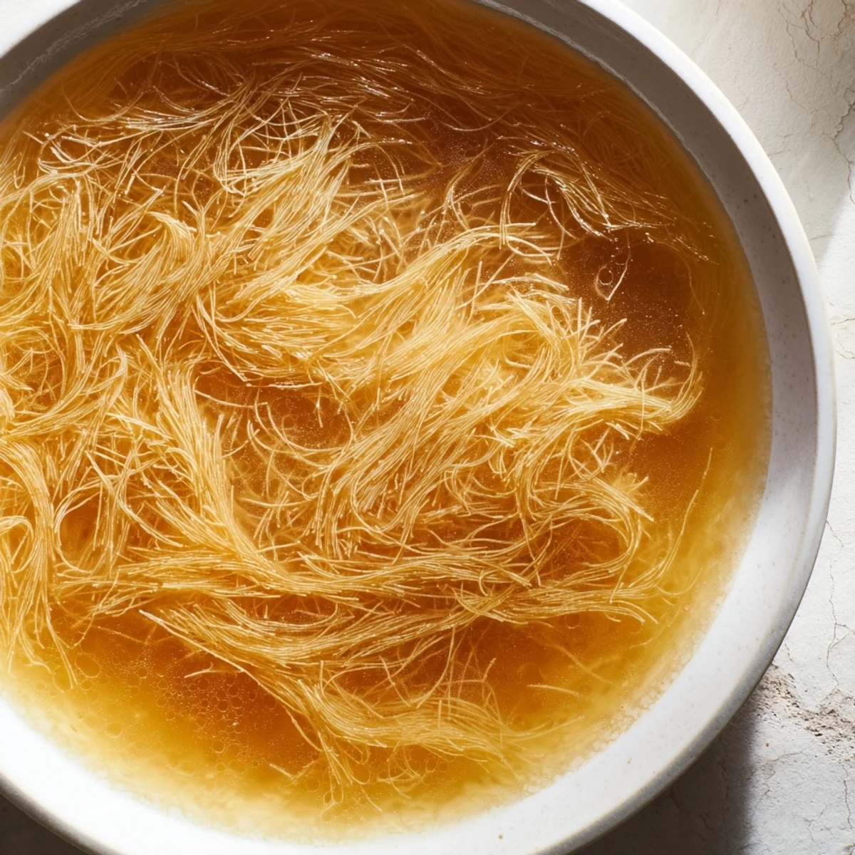 A steaming bowl of Cocido Madrileño, a comforting Spanish stew with savory meats and broth.