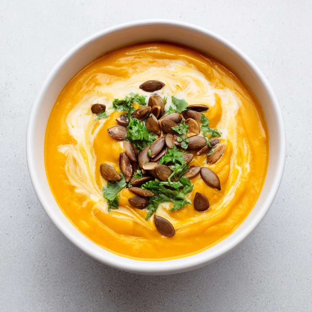 Bright orange creamy pumpkin & curry winter soup with a swirl of cream, ready to serve.