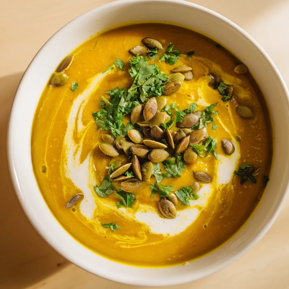 Close-up of a flavorful creamy pumpkin & curry winter soup, perfect for a cozy, delicious meal.