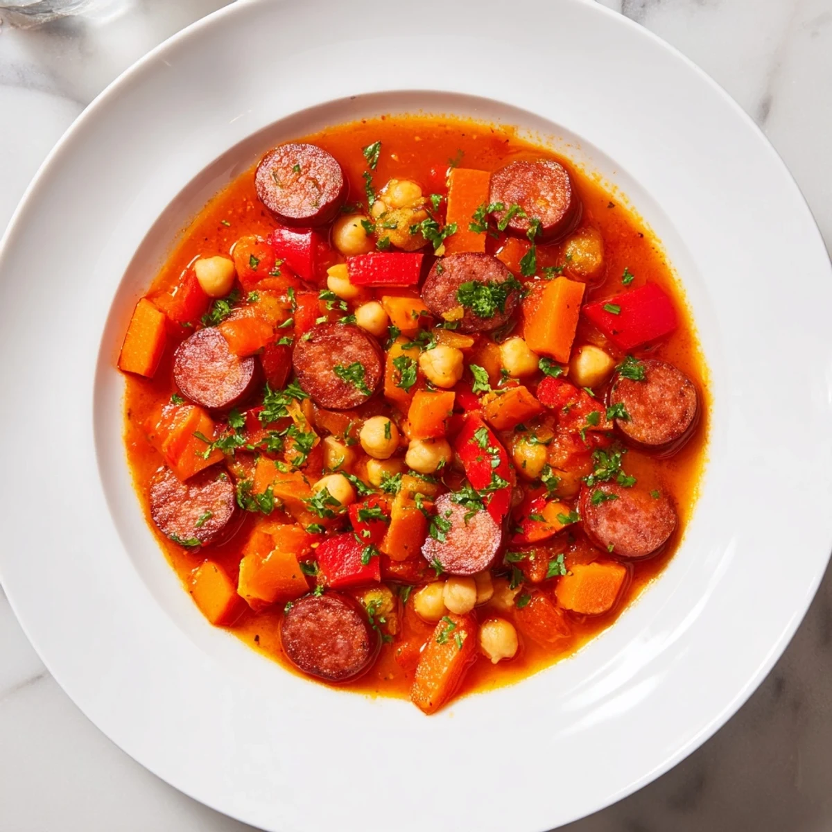 Smoky chorizo and chickpea stew simmering in a Dutch oven, perfect for a cozy weeknight dinner.