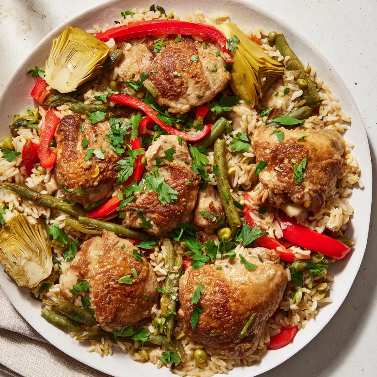 Golden, saffron-infused paella with chicken and artichokes, ready to serve from the pan.