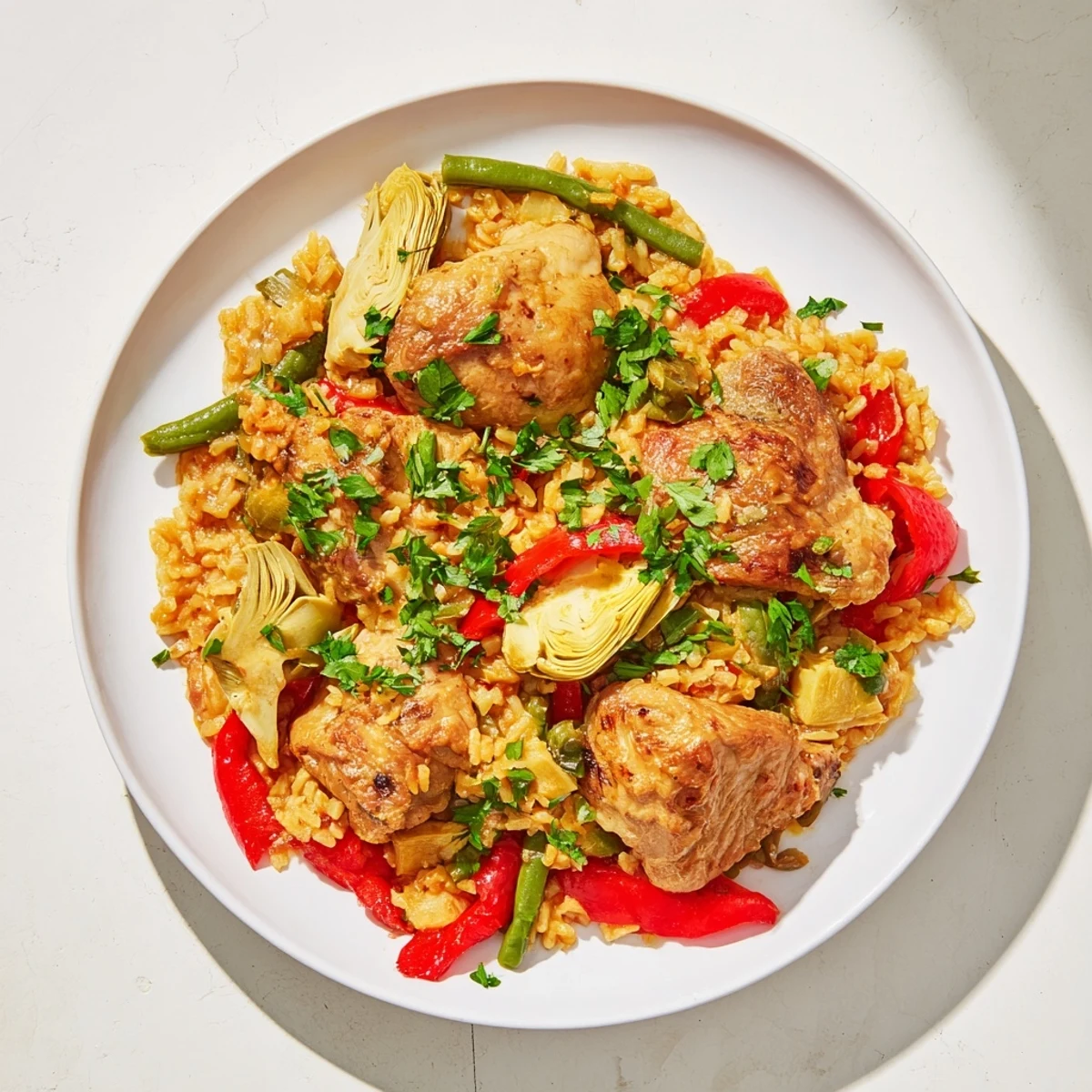 Close-up of a sizzling pan of authentic paella, showcasing chicken and vibrant vegetables.