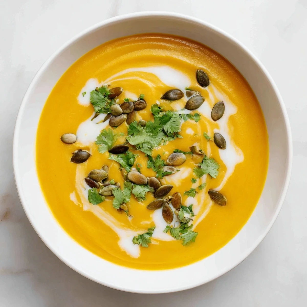Creamy Pumpkin & Curry Winter Soup, a warm and inviting bowl, garnished with toasted pumpkin seeds and fresh herbs.