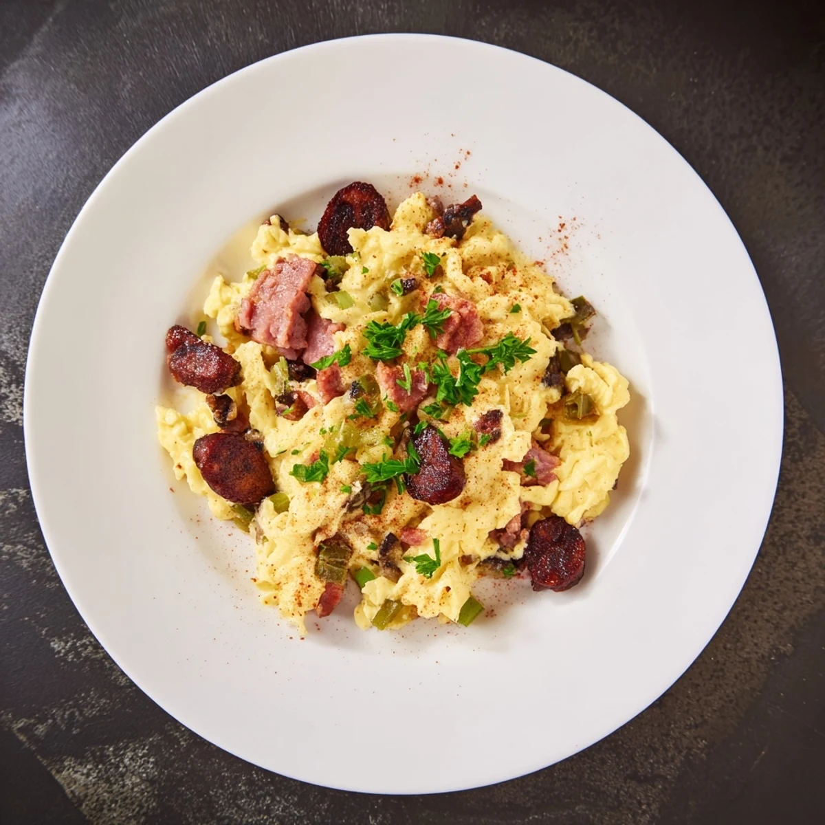 Vibrant Spanish Ham & Egg Scramble with diced vegetables, perfect for a flavorful brunch.