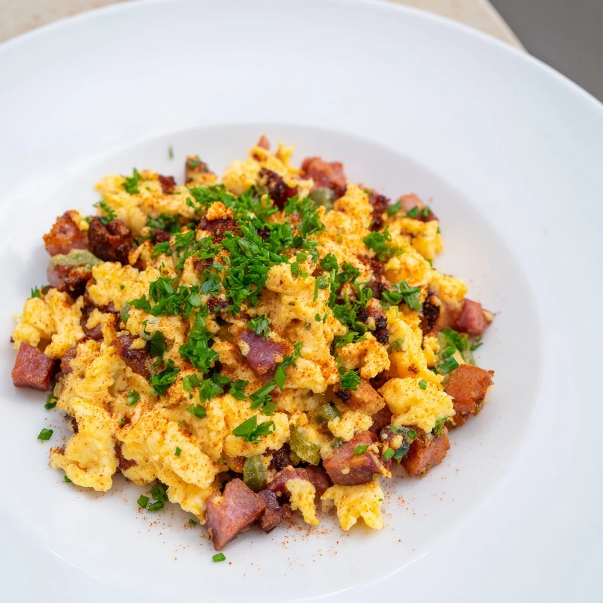 Golden, fluffy Spanish Ham & Egg Scramble, showcasing savory ham and spiced morcilla crumbles.
