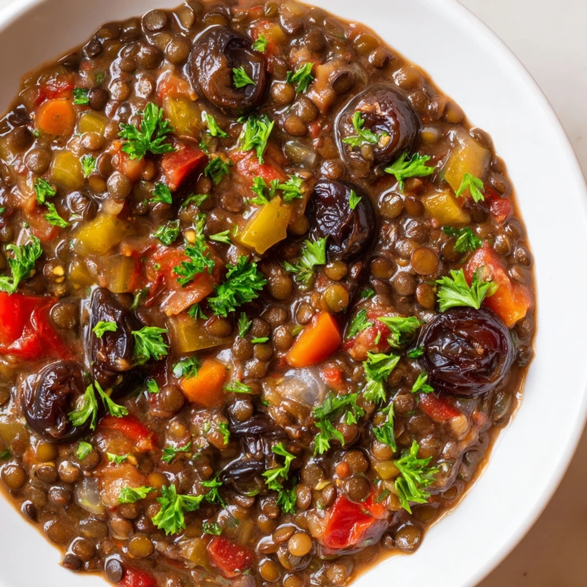 A steaming bowl of Abuela's Secret Lentil Stew with Prunes, savory and hearty as can be.