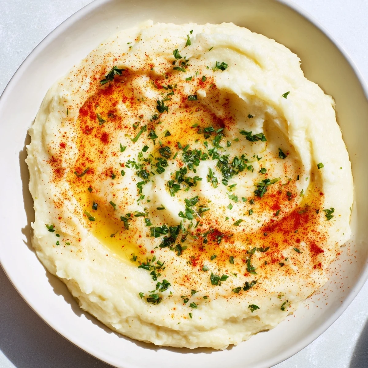 Creamy Healthy Potato & Celeriac Mash with Smoked Paprika, ready to serve with fresh parsley.