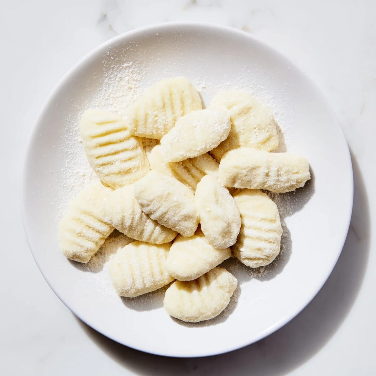 A close-up of fresh, hand-cut potato gnocchi before being cooked in boiling water.