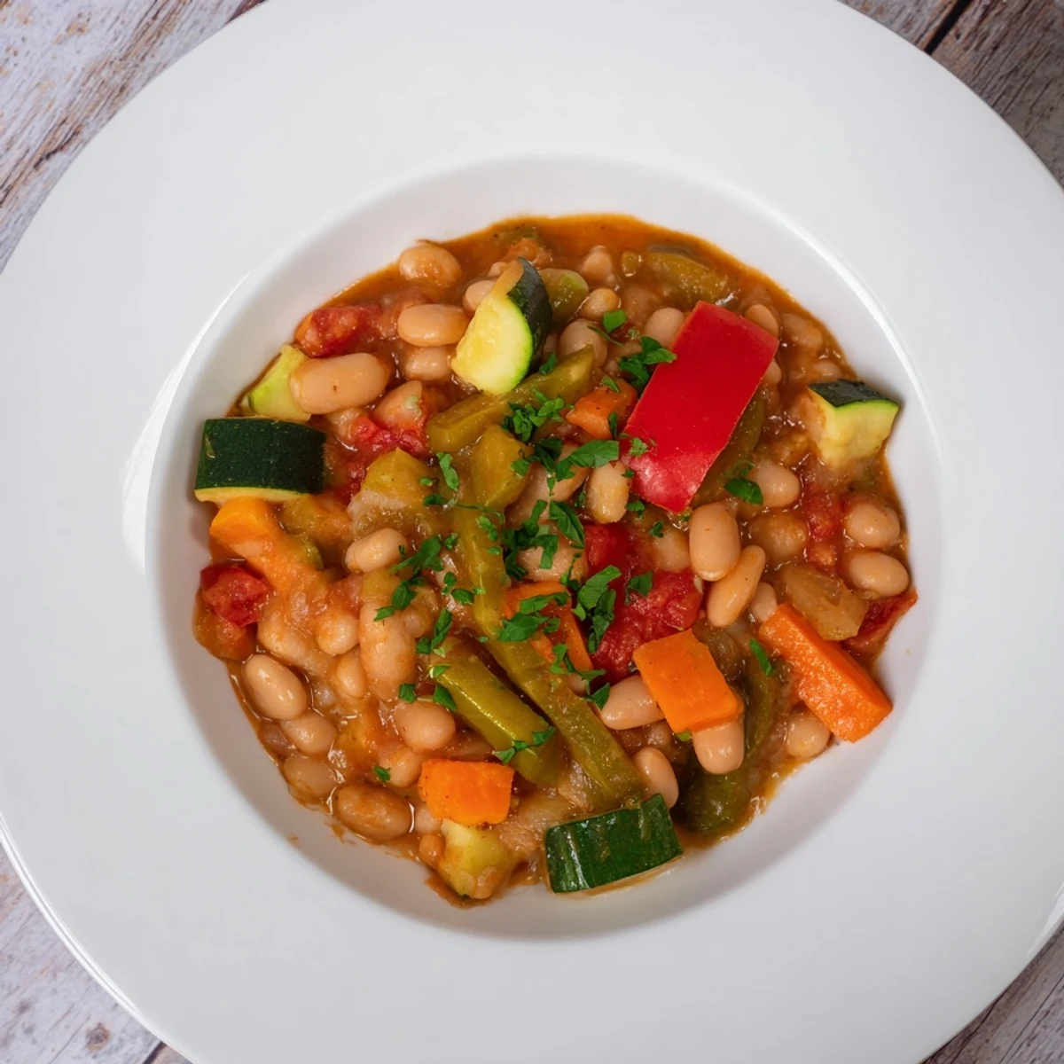 Healthy Bean Stew with Vegetables simmering in a pot with vibrant, garden-fresh vegetables.
