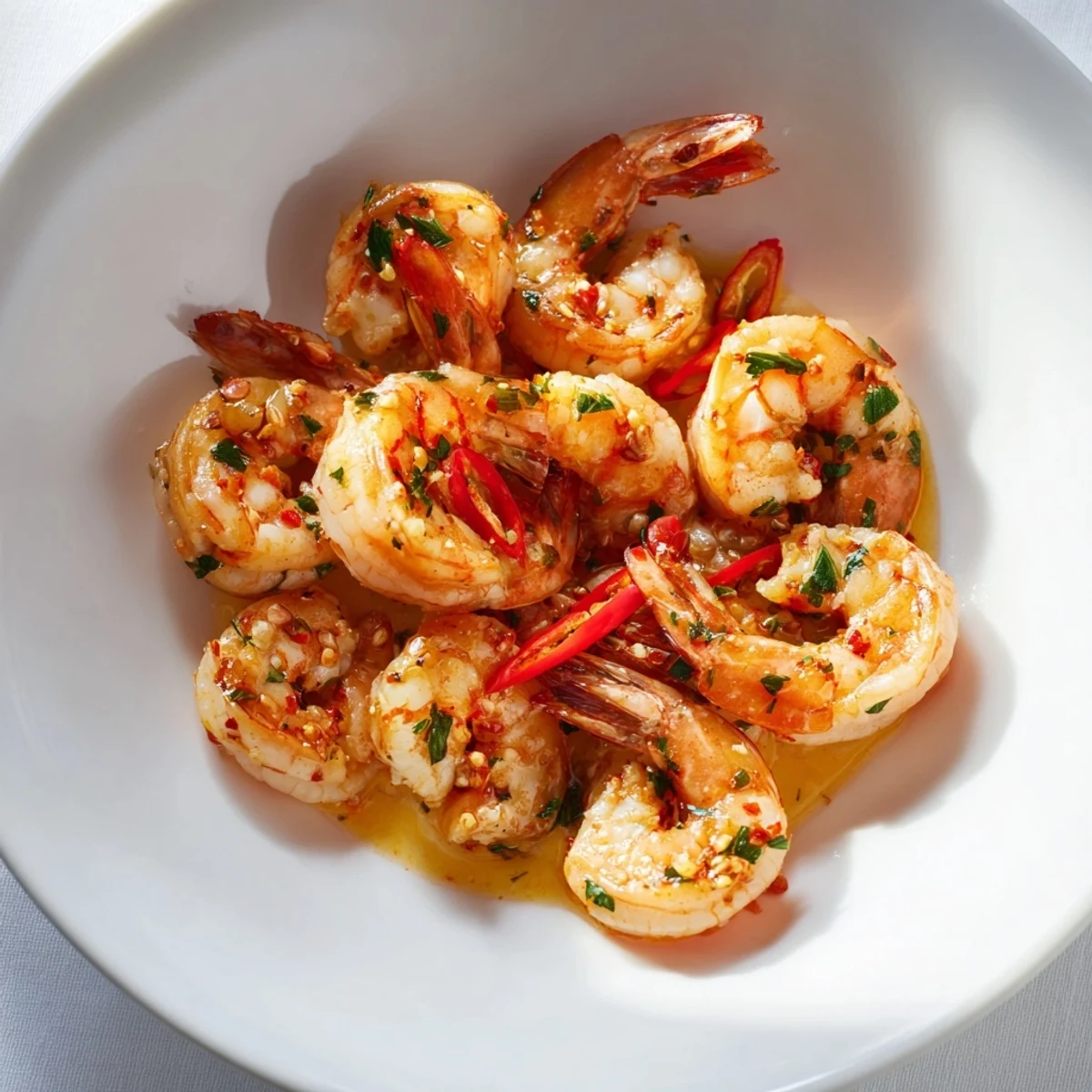 Quick Shrimp and Garlic Oil Dip sizzling in a pan with garlic, soon to be dipped with crusty bread.