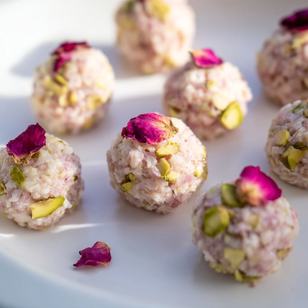 Freshly made Quick Mazapán Rose Candy, perfectly round and ready to eat, garnished with delicate rose pieces.