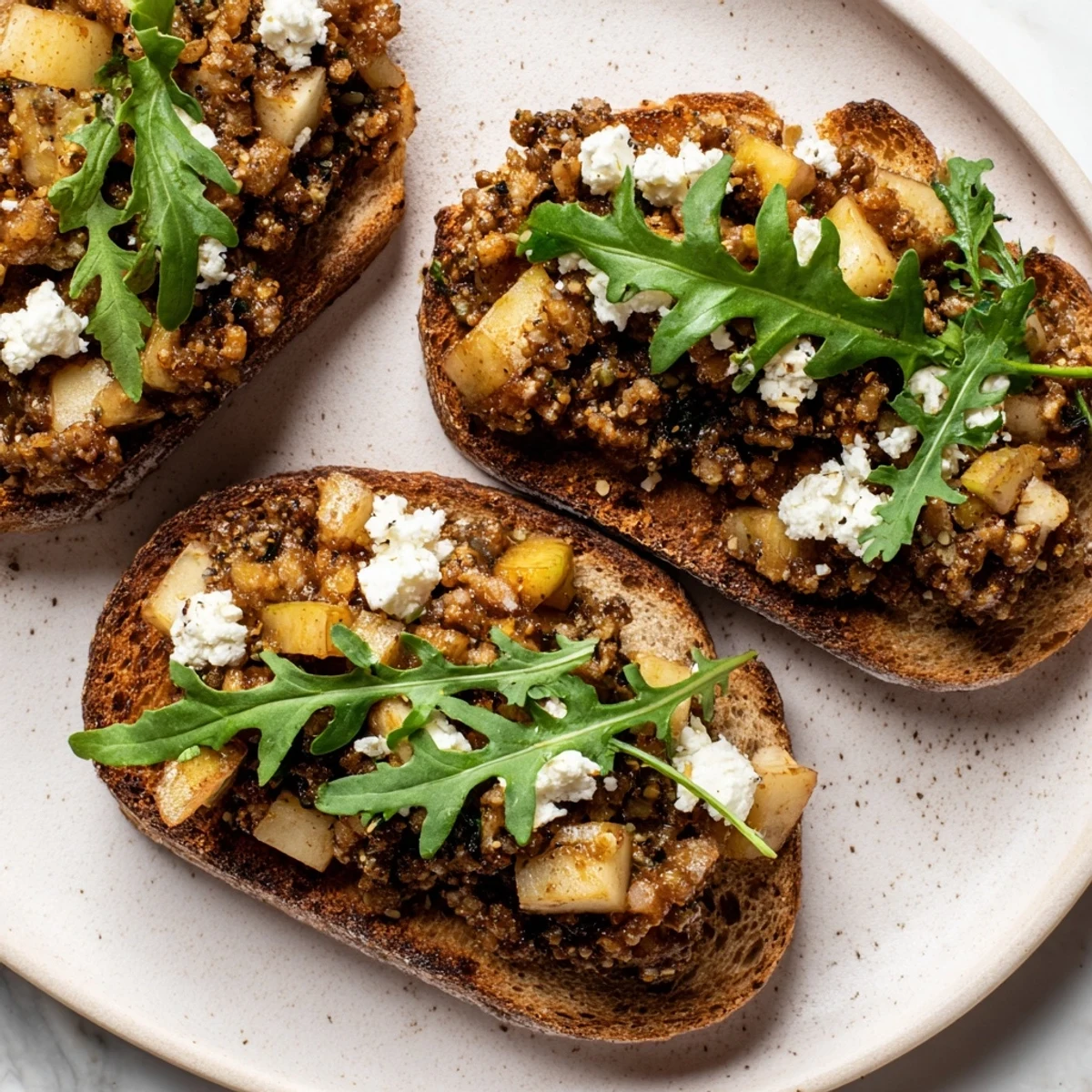 Golden-brown Lightened Morcilla Tartine topped with fresh arugula and crumbled goat cheese.