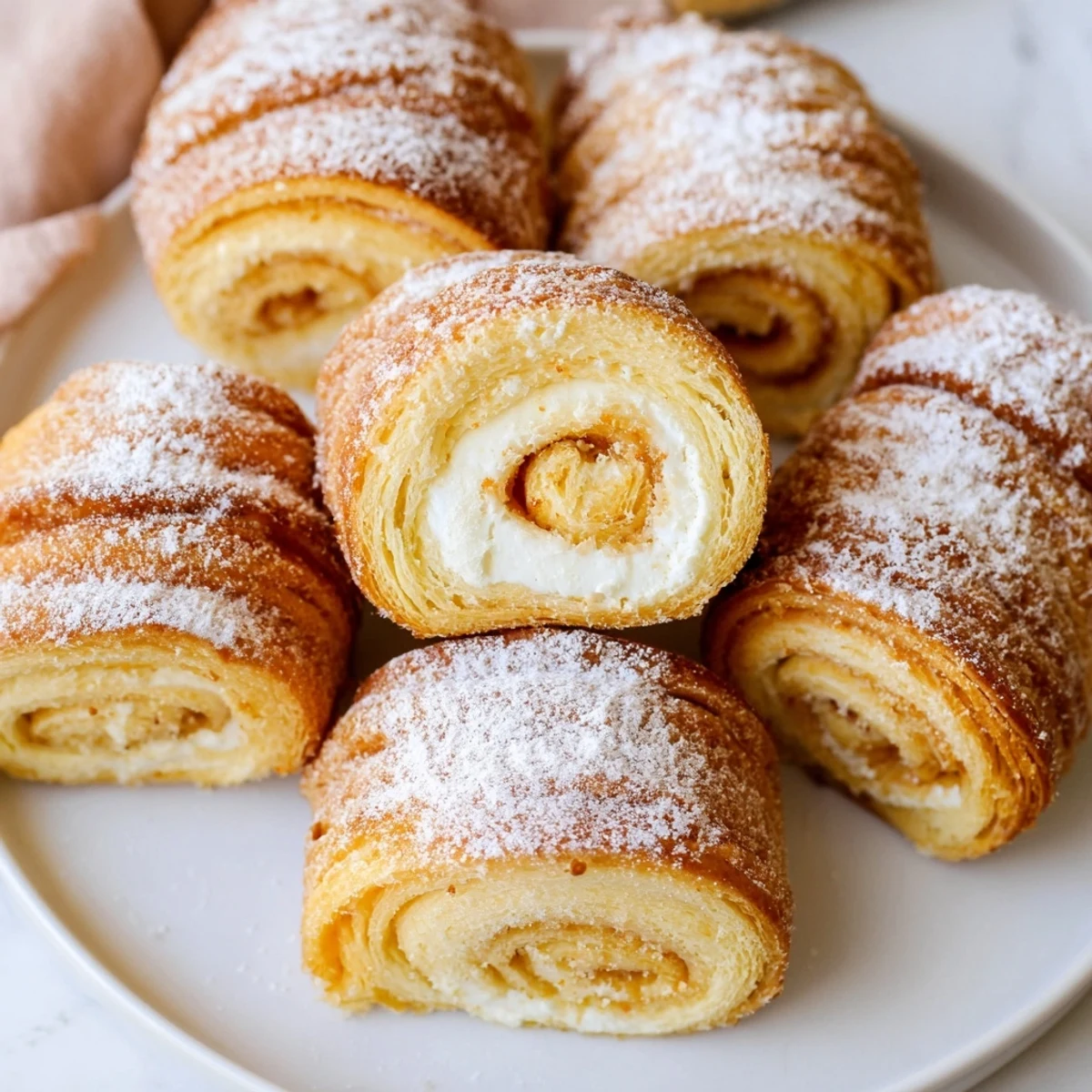 Fluffy Air Fryer Ensaimada mini rolls, golden-brown and ready to serve with a dusting of powdered sugar.