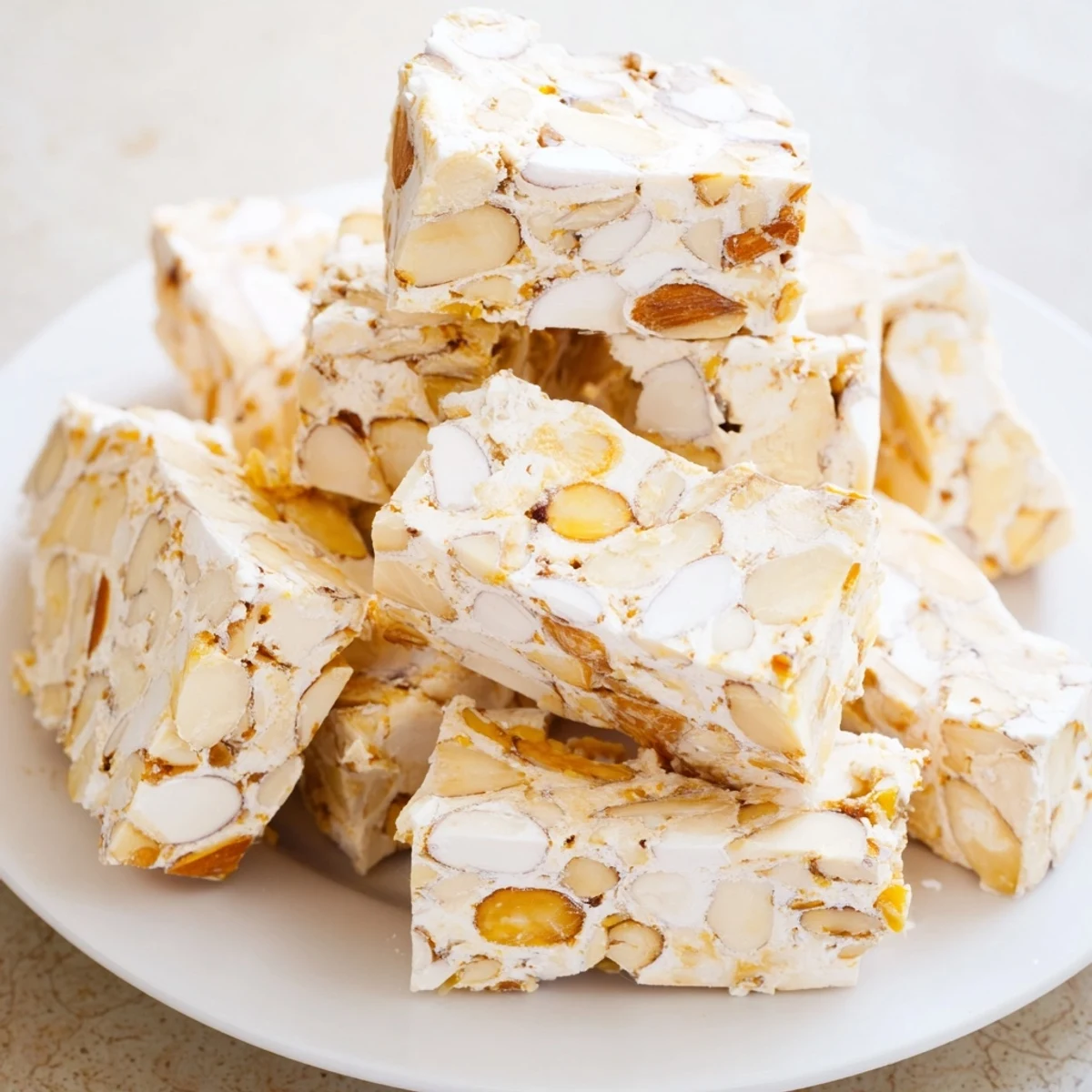 Close-up of freshly made Budget Spanish Nougat Brittle; this easy dessert has a hard crack.