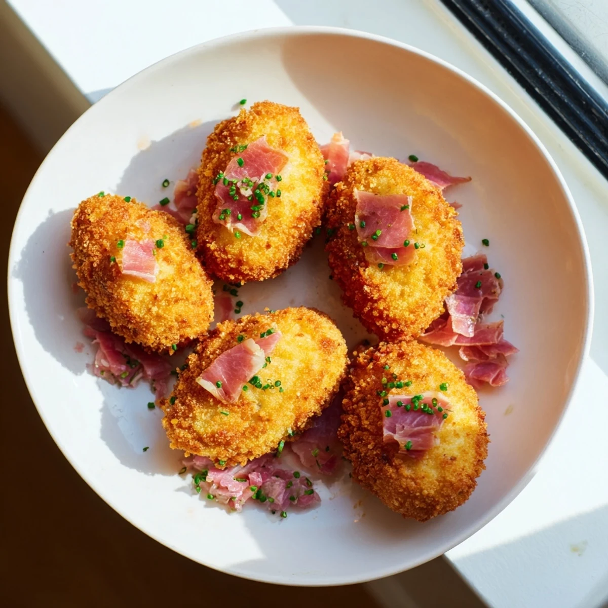 Crispy Lightened Croquetas de Jamón arranged on a platter, perfect for a Spanish appetizer course.