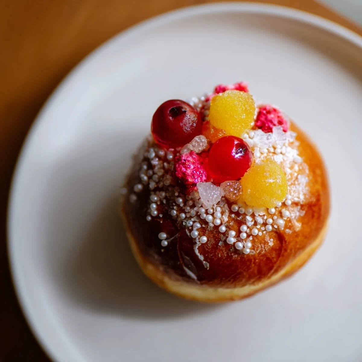 Mini Roscón de Reyes with candied fruit, a ring-shaped Spanish sweet bread, ready to enjoy.