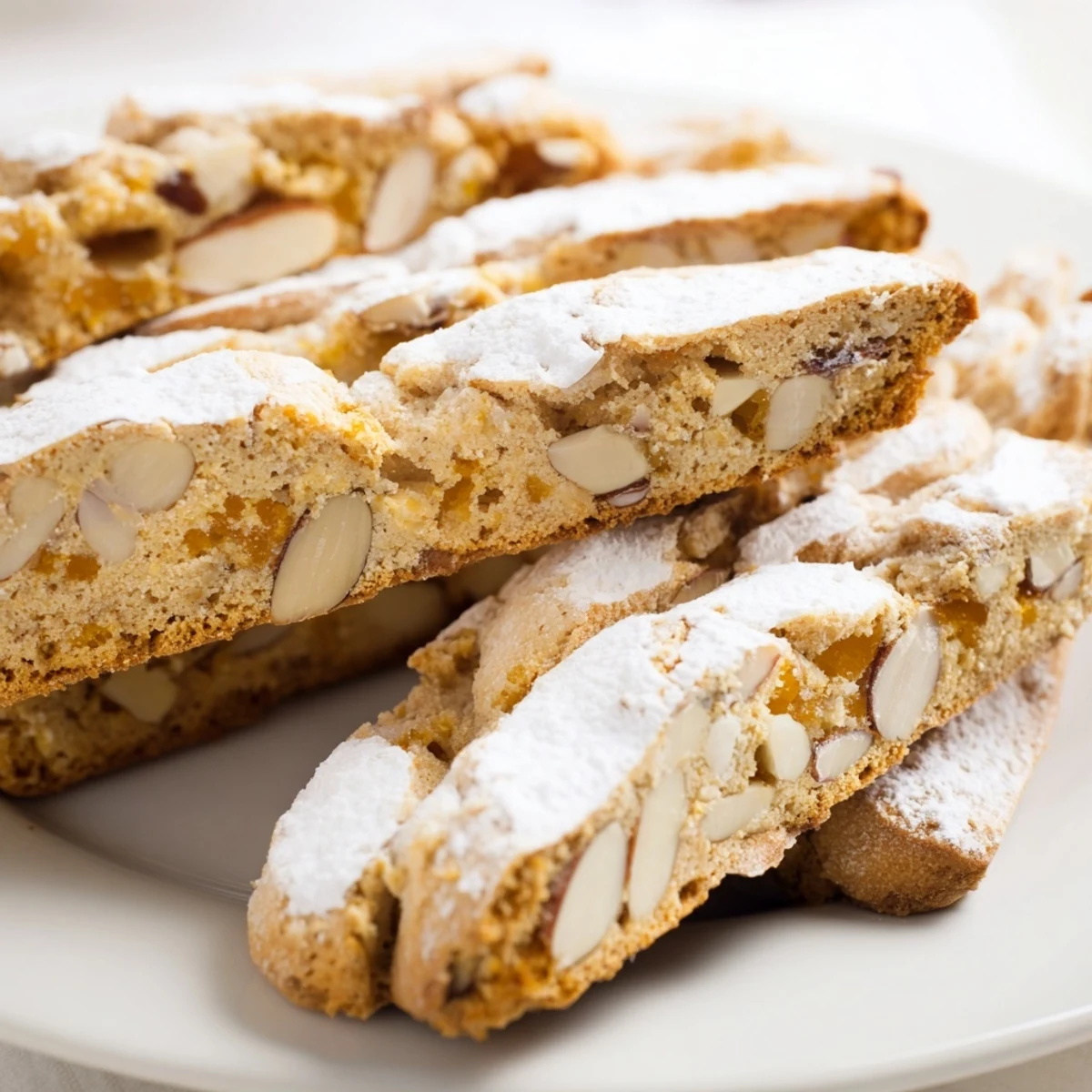 Golden, crisp Simplified Turrón Biscotti ready to dunk in coffee, showcasing almond and turrón pieces.