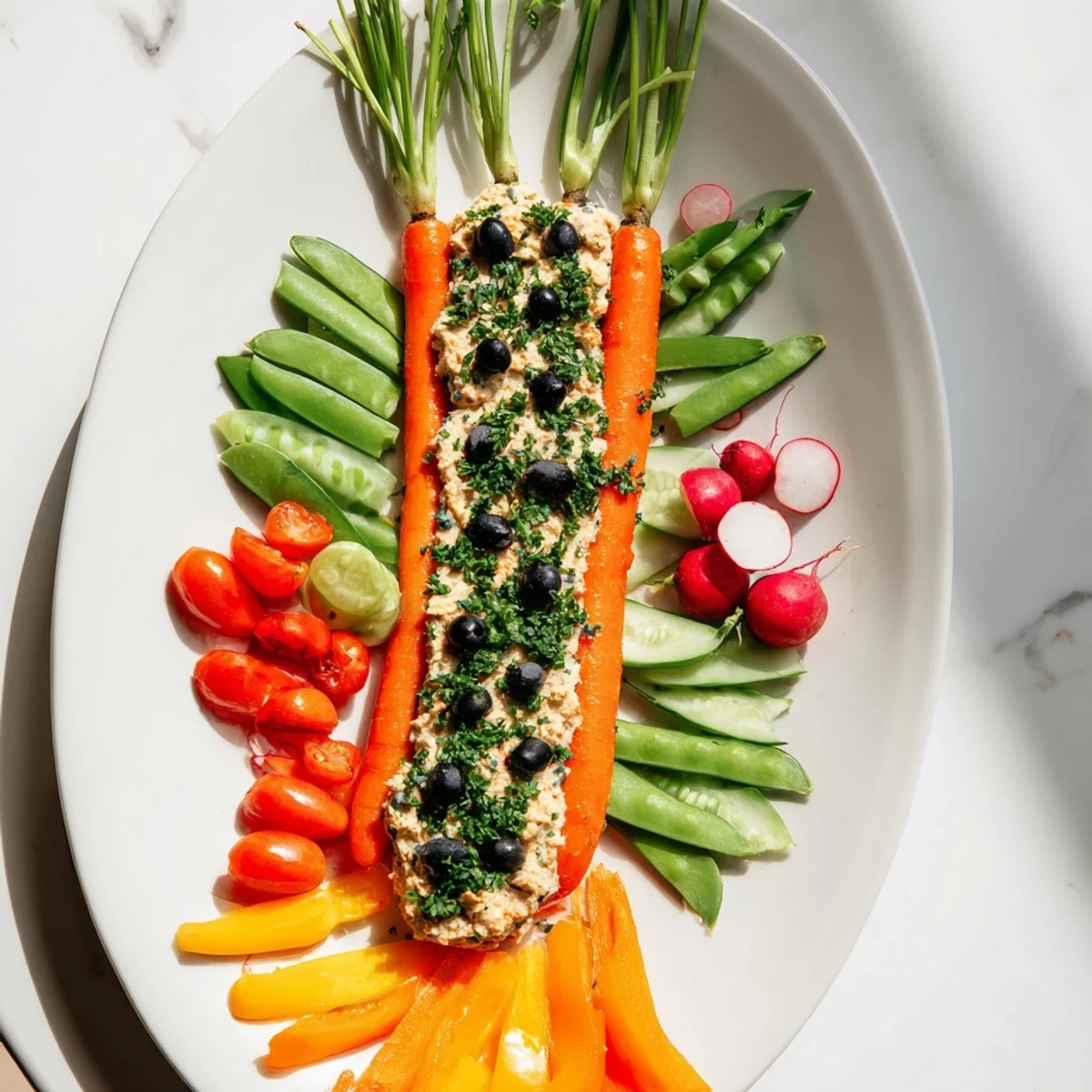 Colorful Carrot Patch Veggie Board arrangement with vibrant vegetables and creamy hummus dip.